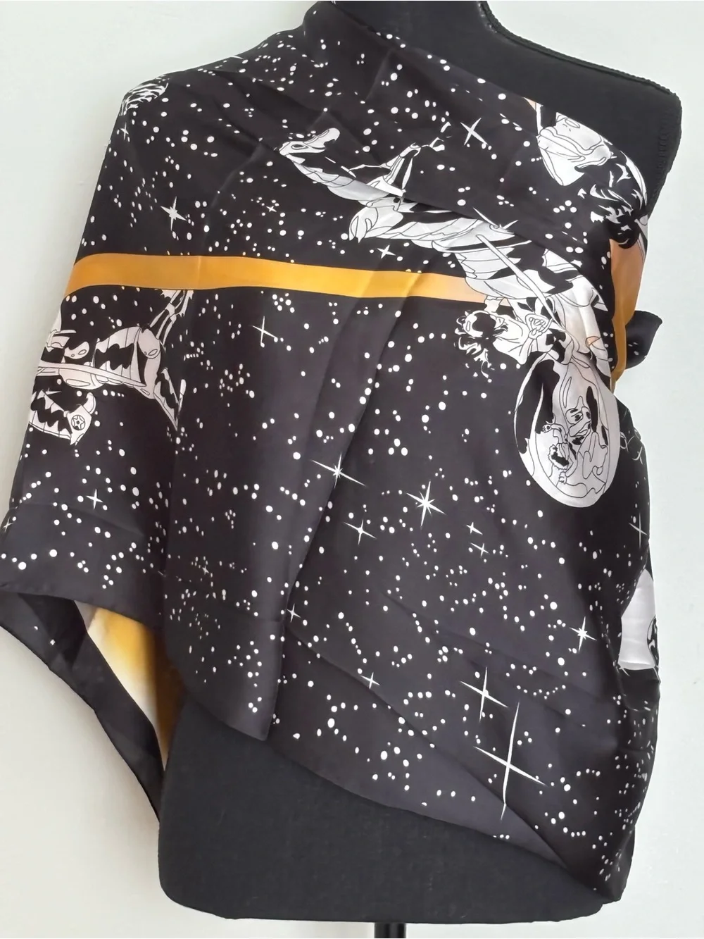 Space Derby Graphic Satin Silk Scarf in Black, White & Gold
